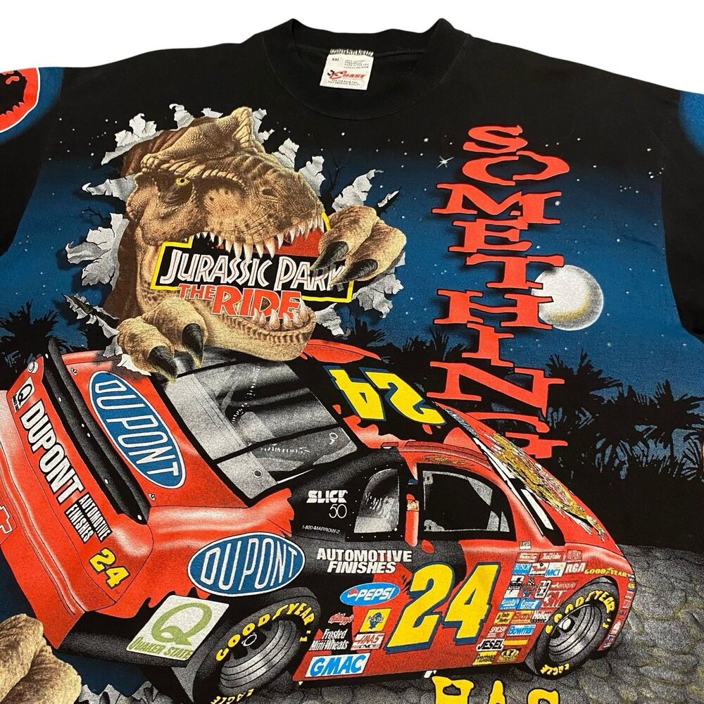 Vintage Jeff Gordon Tee Shirt NASCAR AOP Jurassic Park Universal Studios 2XL XXL